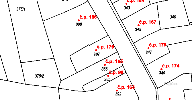 Veverská Bítýška 176 na parcele st. 367 v KÚ Veverská Bítýška, Katastrální mapa