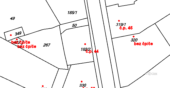Plešovec 44, Chropyně na parcele st. 182/2 v KÚ Plešovec, Katastrální mapa