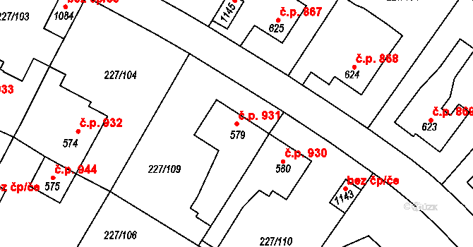 Švermov 931, Kladno na parcele st. 579 v KÚ Hnidousy, Katastrální mapa