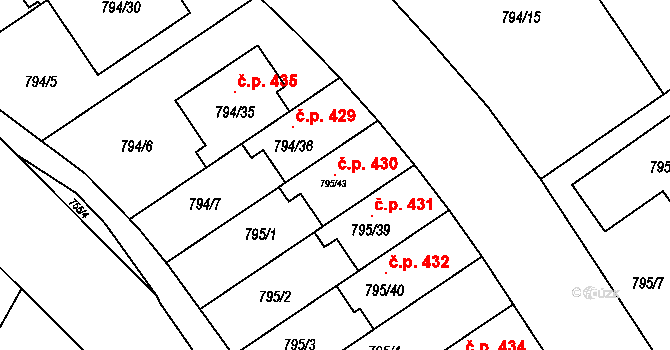 Chomoutov 430, Olomouc na parcele st. 795/43 v KÚ Chomoutov, Katastrální mapa