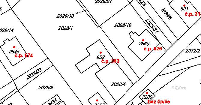 Ostravice 363 na parcele st. 852 v KÚ Ostravice 1, Katastrální mapa