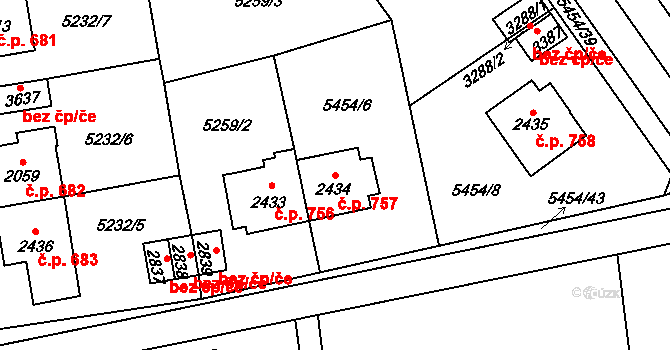 Horní Předměstí 757, Polička na parcele st. 2434 v KÚ Polička, Katastrální mapa