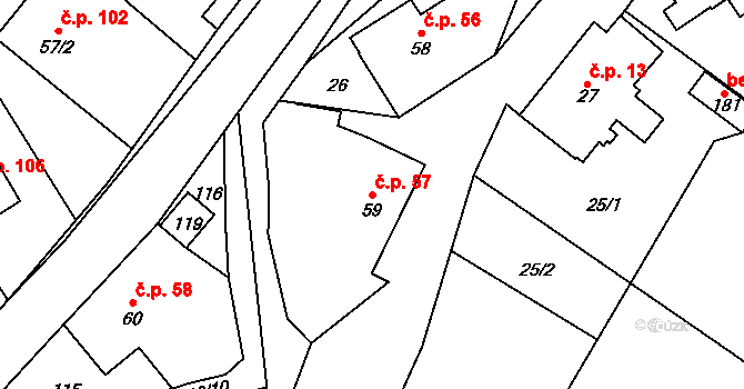 Břevenec 57, Šumvald na parcele st. 59 v KÚ Břevenec, Katastrální mapa