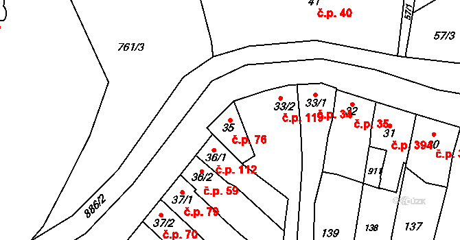 Slatinice 76 na parcele st. 35 v KÚ Slatinice na Hané, Katastrální mapa
