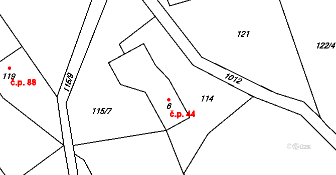 Bořkov 44, Slaná na parcele st. 6 v KÚ Bořkov, Katastrální mapa