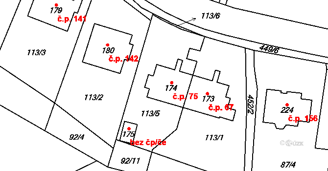 Popovice 75, Jičín na parcele st. 174 v KÚ Popovice u Jičína, Katastrální mapa