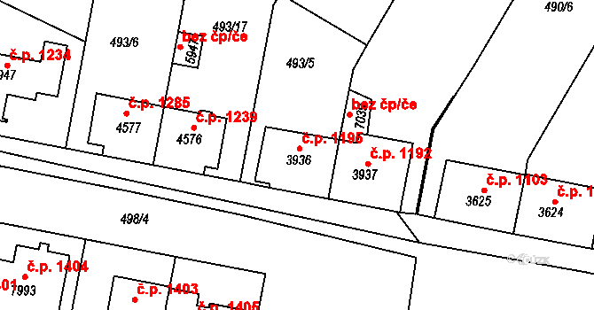 Horka-Domky 1195, Třebíč na parcele st. 3936 v KÚ Třebíč, Katastrální mapa