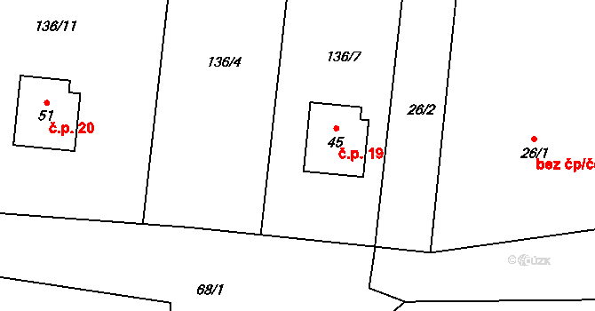 Onšovice 19, Dehtáře na parcele st. 45 v KÚ Onšovice u Dehtářů, Katastrální mapa