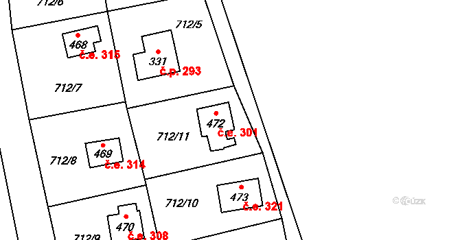 Malenovice 301 na parcele st. 472 v KÚ Malenovice, Katastrální mapa