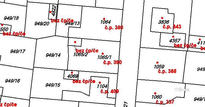 Plzeňské Předměstí 390, Rokycany na parcele st. 1065/1 v KÚ Rokycany, Katastrální mapa