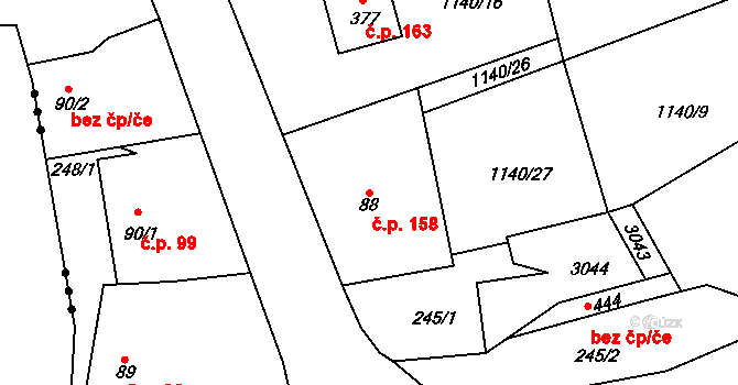 Kvasiny 158 na parcele st. 88 v KÚ Kvasiny, Katastrální mapa