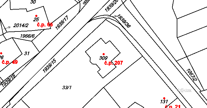 Kunovice 207 na parcele st. 309 v KÚ Kunovice, Katastrální mapa
