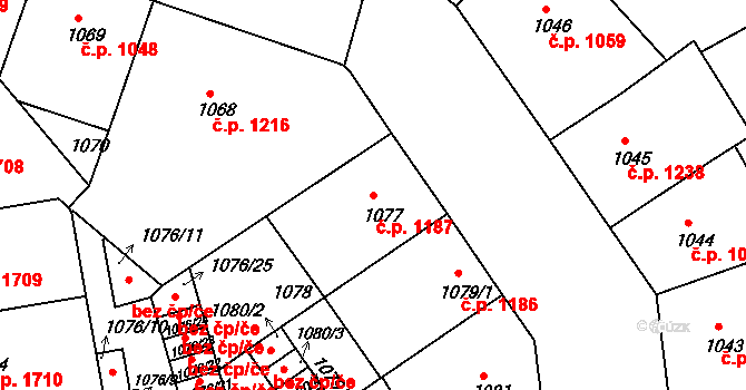 Žižkov 1187, Praha na parcele st. 1077 v KÚ Žižkov, Katastrální mapa