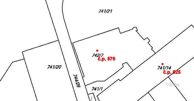 Malešice 576, Praha na parcele st. 742/7 v KÚ Malešice, Katastrální mapa