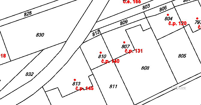 Řícmanice 140 na parcele st. 810 v KÚ Řícmanice, Katastrální mapa
