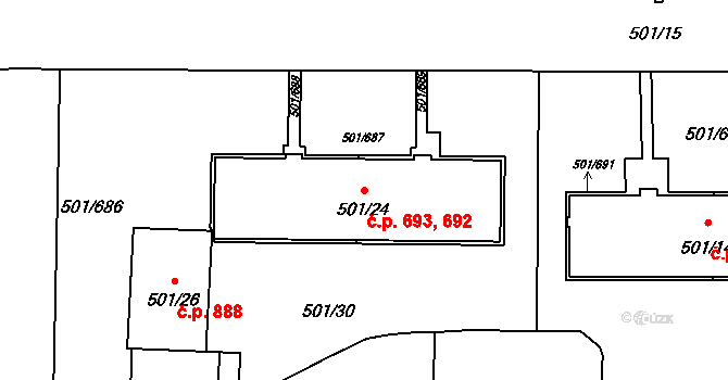 Ráj 692,693, Karviná na parcele st. 501/24 v KÚ Ráj, Katastrální mapa