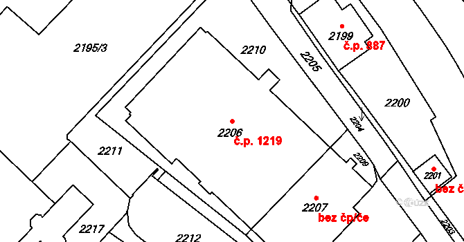 Vsetín 1219 na parcele st. 2206 v KÚ Vsetín, Katastrální mapa