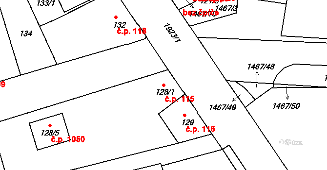 Černice 115, Plzeň na parcele st. 128/1 v KÚ Černice, Katastrální mapa