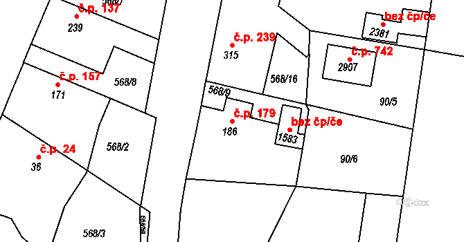 Litice 179, Plzeň na parcele st. 186 v KÚ Litice u Plzně, Katastrální mapa