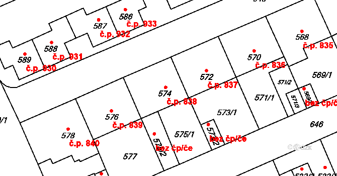 Oslavany 838 na parcele st. 574 v KÚ Oslavany, Katastrální mapa