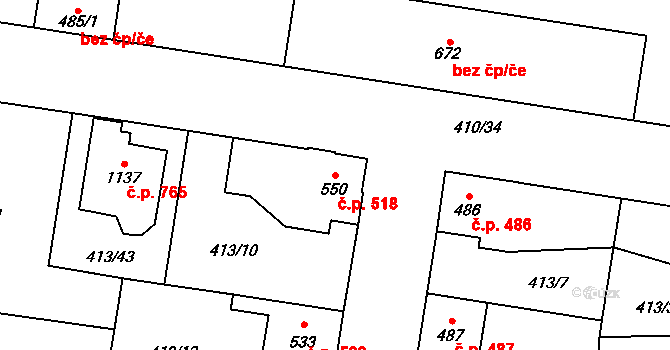 Velký Osek 518 na parcele st. 550 v KÚ Velký Osek, Katastrální mapa