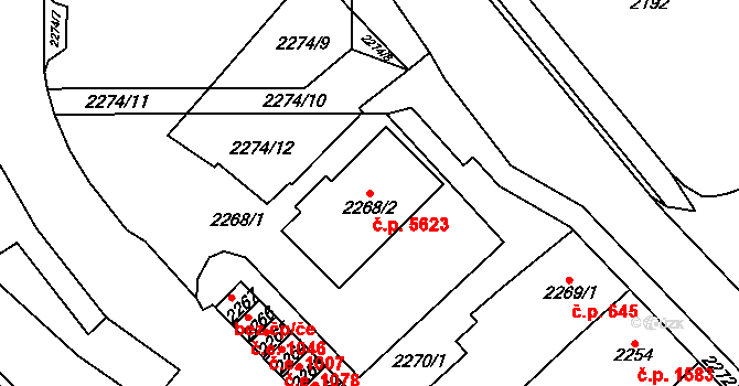 Chomutov 5623 na parcele st. 2268/2 v KÚ Chomutov I, Katastrální mapa