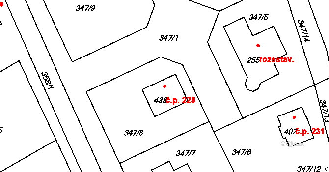 Bradlec 228 na parcele st. 438 v KÚ Bradlec, Katastrální mapa