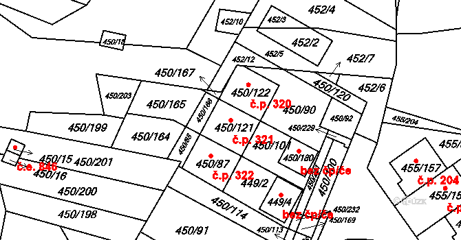 Kníničky 321, Brno na parcele st. 450/121 v KÚ Kníničky, Katastrální mapa