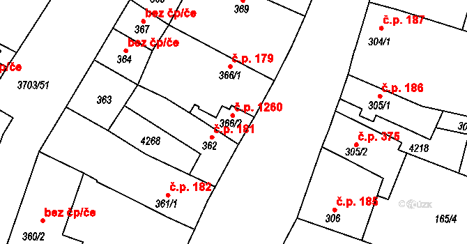 Dobřany 1260 na parcele st. 366/2 v KÚ Dobřany, Katastrální mapa