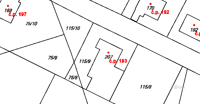 Horní Bory 193, Bory na parcele st. 207 v KÚ Horní Bory, Katastrální mapa