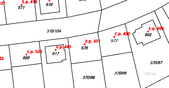Prštné 431, Zlín na parcele st. 576 v KÚ Prštné, Katastrální mapa
