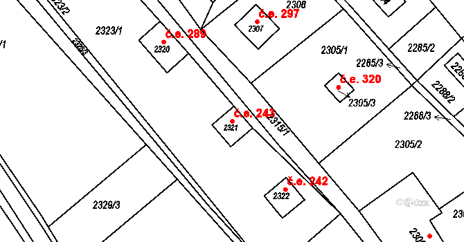 Buchlovice 243 na parcele st. 2321 v KÚ Buchlovice, Katastrální mapa