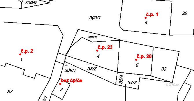 Srní 23, Hlinsko na parcele st. 4 v KÚ Srní u Hlinska, Katastrální mapa