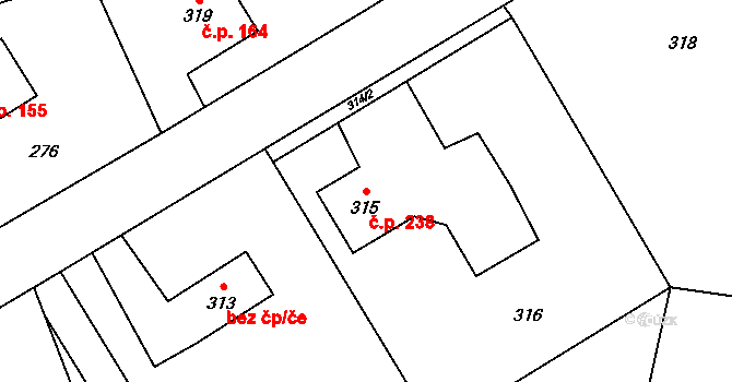 Dolní Žukov 238, Český Těšín na parcele st. 315 v KÚ Dolní Žukov, Katastrální mapa