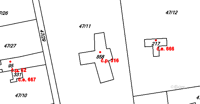 Chlomek 316, Petrov na parcele st. 858 v KÚ Petrov u Prahy, Katastrální mapa