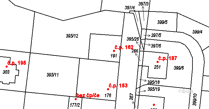 Měcholupy 162 na parcele st. 191 v KÚ Měcholupy u Žatce, Katastrální mapa