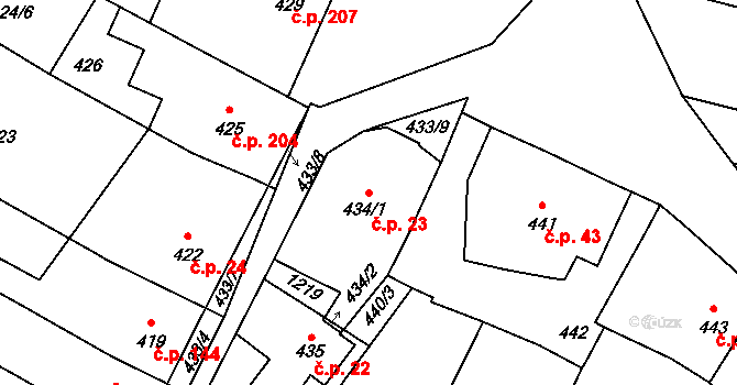Rychlov 23, Bystřice pod Hostýnem na parcele st. 434/1 v KÚ Rychlov u Bystřice pod Hostýnem, Katastrální mapa