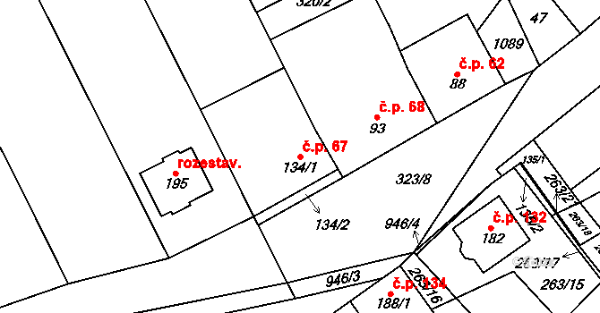 Hlinsko pod Hostýnem 67, Bystřice pod Hostýnem na parcele st. 134/1 v KÚ Hlinsko pod Hostýnem, Katastrální mapa