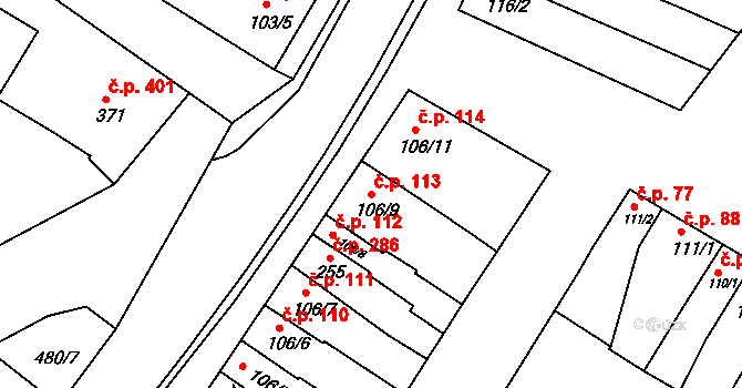 Smržice 113 na parcele st. 106/9 v KÚ Smržice, Katastrální mapa