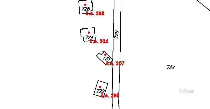 Předbořice 207, Černíny na parcele st. 723 v KÚ Předbořice, Katastrální mapa