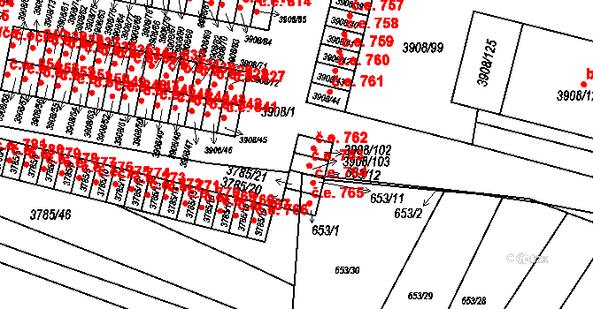 Jihlava 762 na parcele st. 3908/102 v KÚ Jihlava, Katastrální mapa