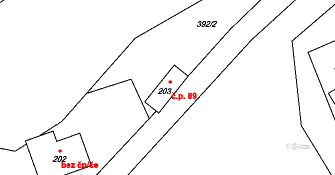 Tyra 89, Třinec na parcele st. 203 v KÚ Tyra, Katastrální mapa
