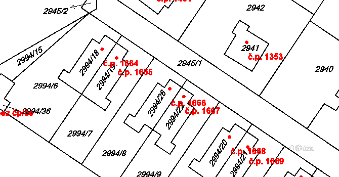 Roztoky 1666 na parcele st. 2994/26 v KÚ Žalov, Katastrální mapa