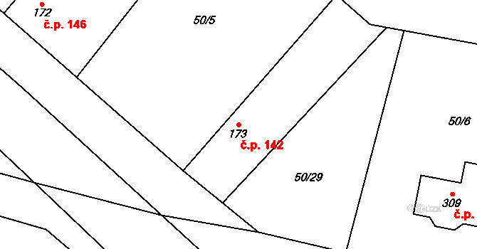 Hospozín 142 na parcele st. 173 v KÚ Hospozín, Katastrální mapa