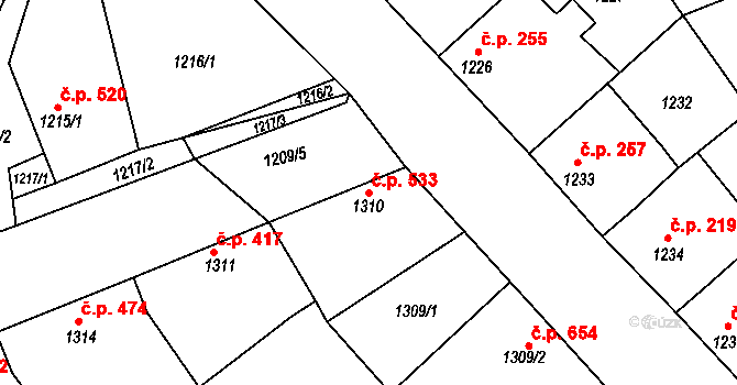 Šardice 533 na parcele st. 1310 v KÚ Šardice, Katastrální mapa