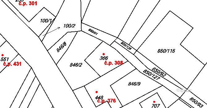 Dolní Bousov 308 na parcele st. 366 v KÚ Dolní Bousov, Katastrální mapa