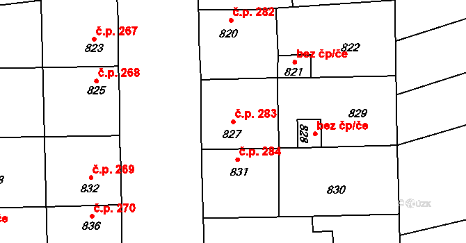 Grygov 283 na parcele st. 827 v KÚ Grygov, Katastrální mapa