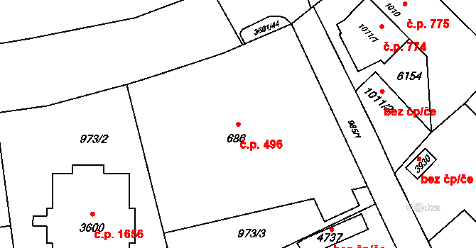 Rožnov pod Radhoštěm 496 na parcele st. 686 v KÚ Rožnov pod Radhoštěm, Katastrální mapa