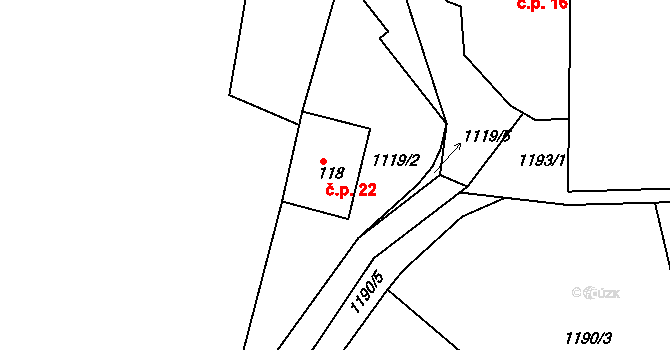 Humenec 22, Teplýšovice na parcele st. 118 v KÚ Teplýšovice, Katastrální mapa