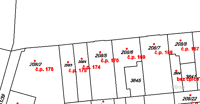 Lysá nad Labem 170 na parcele st. 208/5 v KÚ Lysá nad Labem, Katastrální mapa